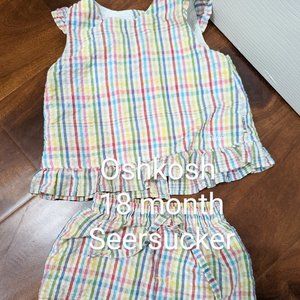Oshkosh Seersucker matching top and shorts outfit, red and green stripes,18month